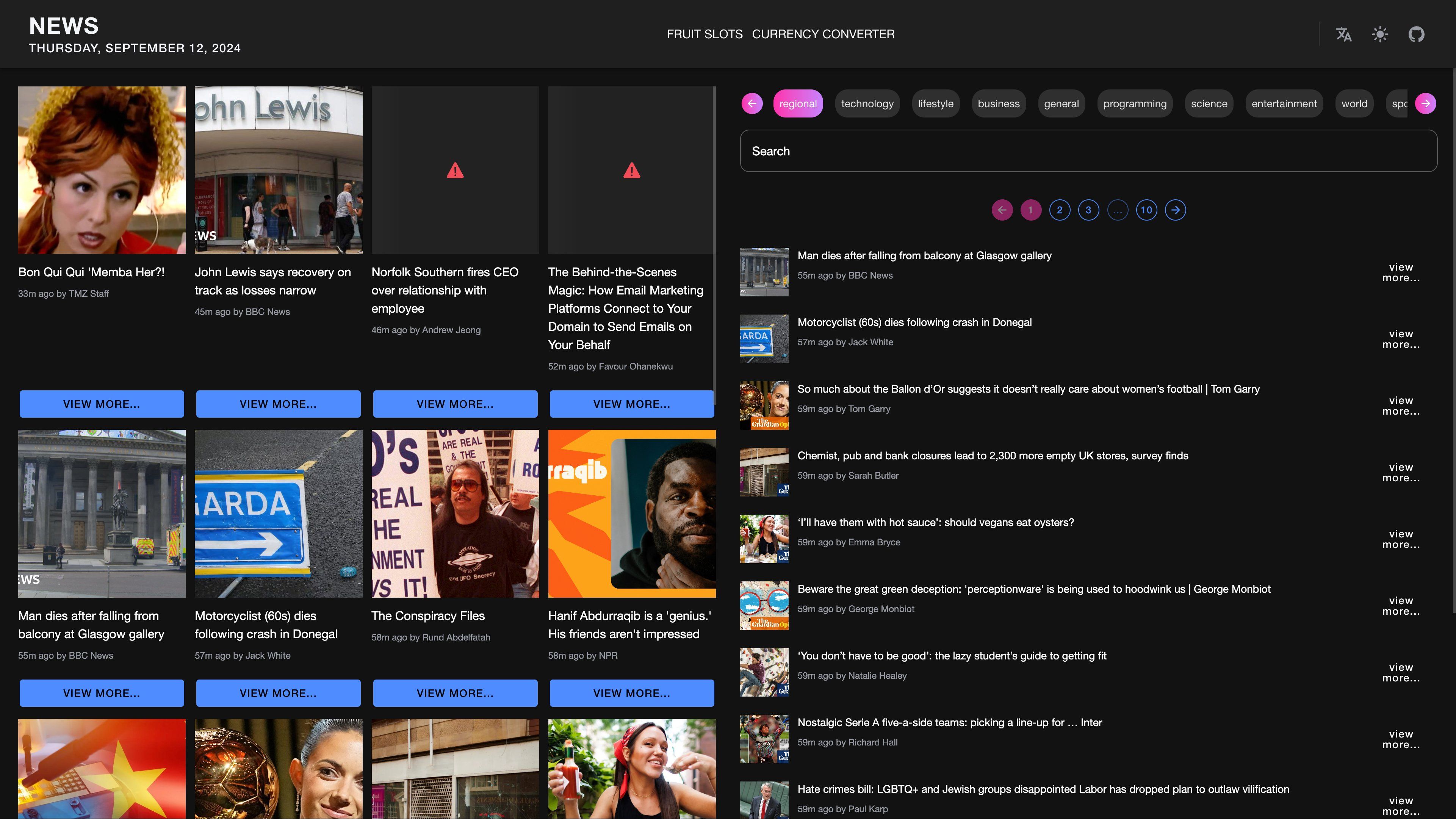 Screenshot of the React.News website, displaying news articles fetched from a global API